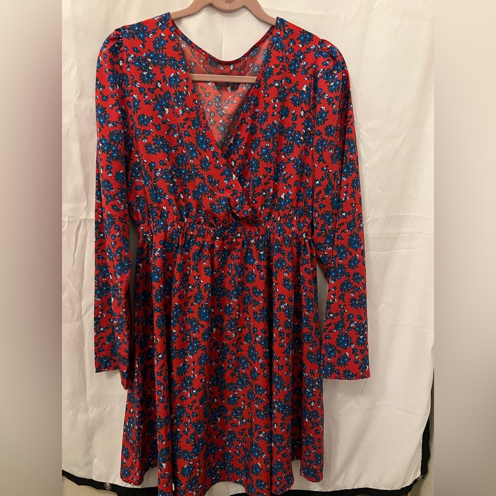 SHEIN Red and Blue Floral Long Sleeve Dress